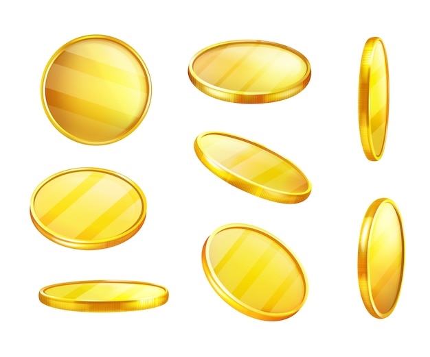 Vettore gratuito moneta d'oro in diverse posizioni, pezzo di metallo lucido, valore di denaro.