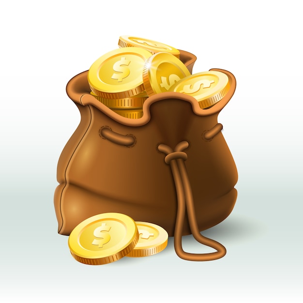 Golden coins bag, gold coin in old antique sack, saving money purse and gold wealth 3d realistic