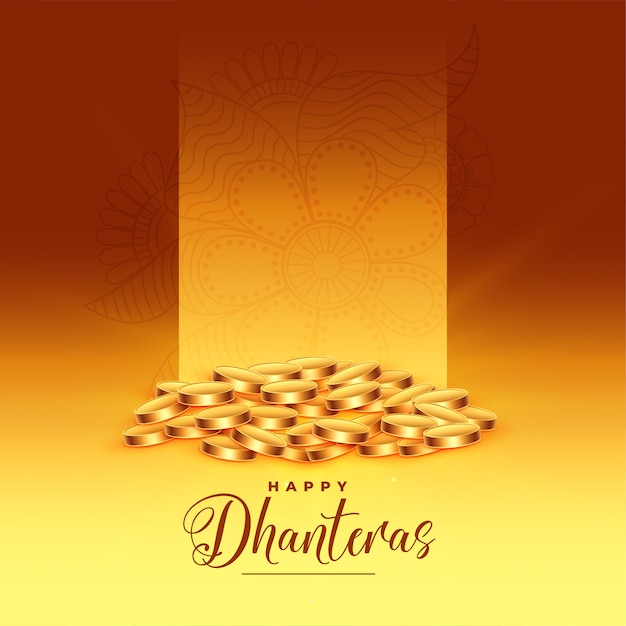 Golden coins happy dhanteras festival greeting card