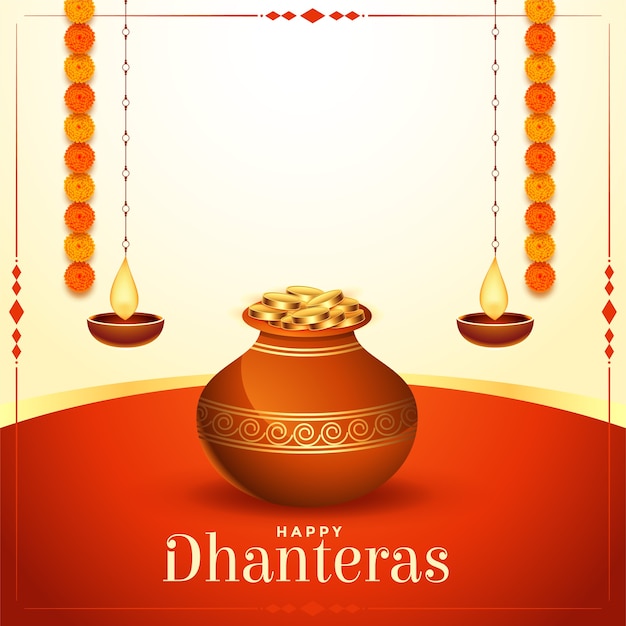 황금 동전 냄비 행복한 dhanteras 축제 카드