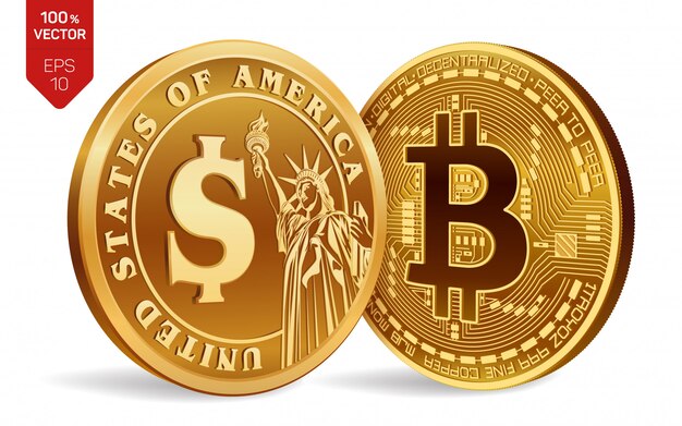 Golden coins with Bitcoin and Dollar symbol isolated on white background.
