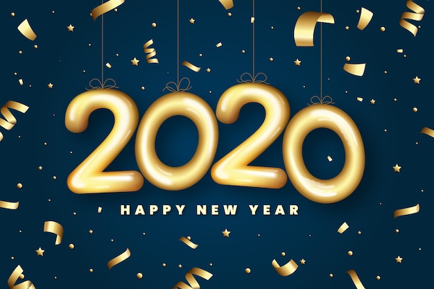 Golden confetti and 2020 balloon shapes background