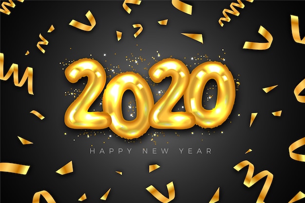 Free vector golden confetti and balloons new year 2020