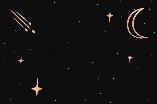 Golden  crescent moon doodle border galactic sky background