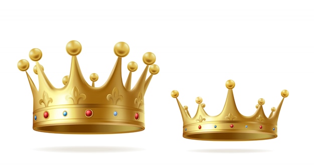 Free vector golden crowns with gems for king or queen set isolated on white background.