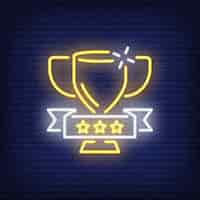 Free vector golden cup on brick background. neon style illustration. victory, trophy, winner.