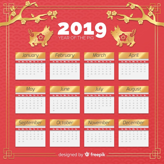 Calendario cinese del nuovo anno dei dettagli dorati