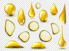 Free vector golden drops and stains of oil or honey isolated on transparent background. realistic mockup of liquid gold drips of organic cosmetic or food oil, top view of clear yellow puddles