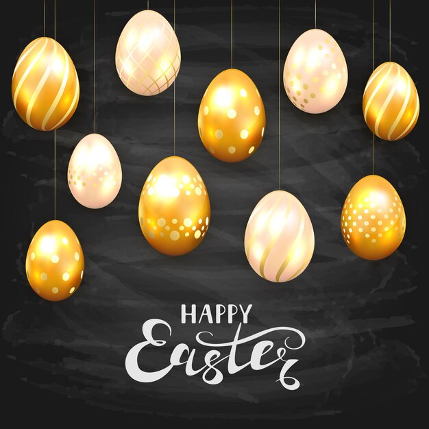 Golden easter eggs with decorative patterns on black chalkboard background. white lettering happy easter, illustration.