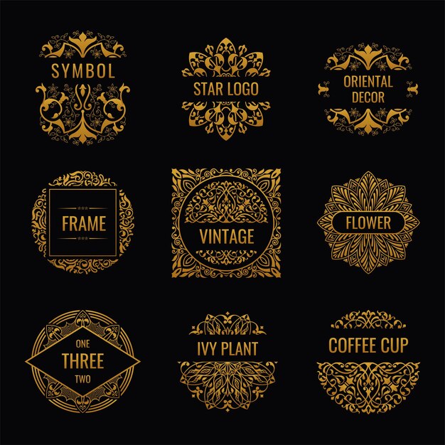 Golden eastern logos and vintage floral labels calligraphic luxury design Premium Vector