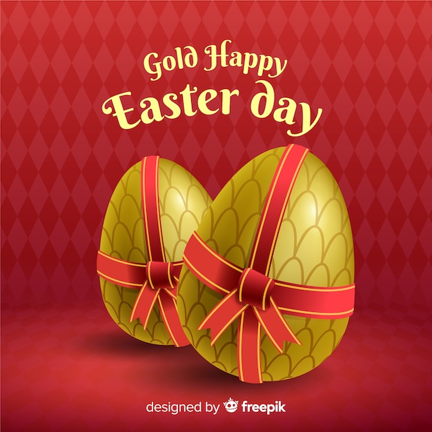 Golden eggs with bow easter day background