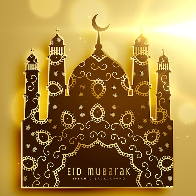 Free vector golden eid mubarak card with mosque