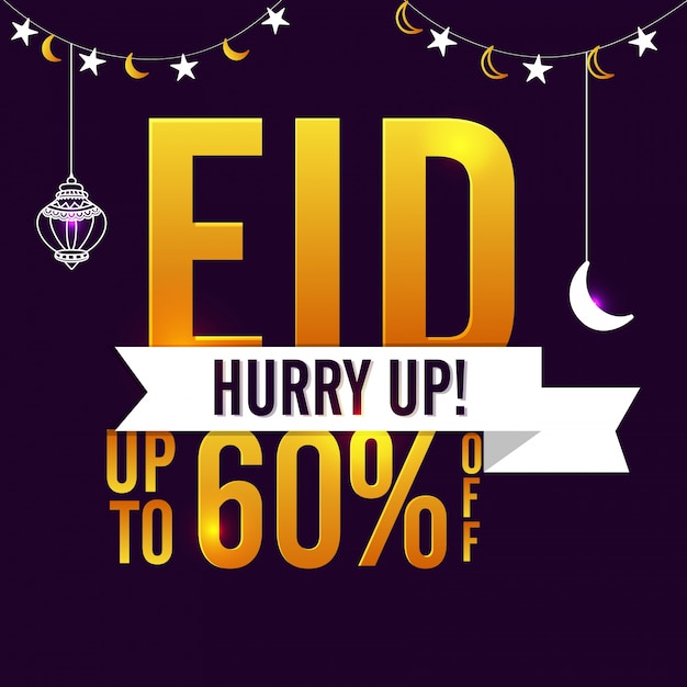  Golden Eid text design on moon and stars decorated background. Creative Sale and Discount poster, banner or flyer. 