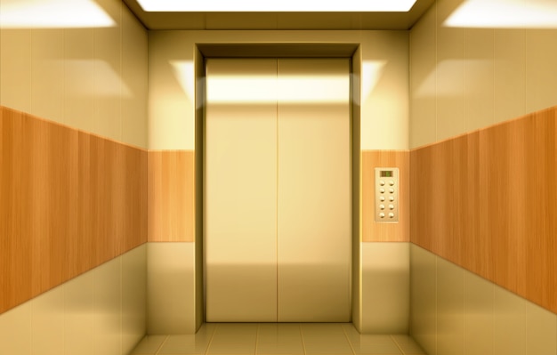 Golden elevator cabin with closed doors inside