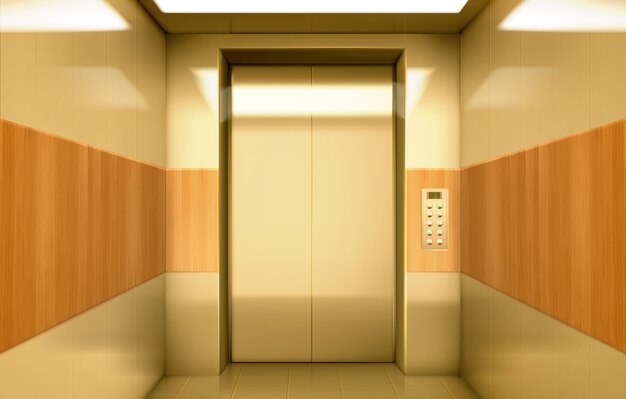 닫힌 문 안에 골든 엘리베이터 오두막
