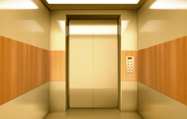 Free vector golden elevator cabin with closed doors inside