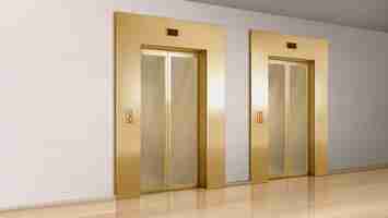 Free vector golden elevator with glass doors in hallway