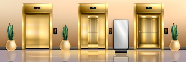 Free vector golden elevators in hallway with button panel plants and floor led poster