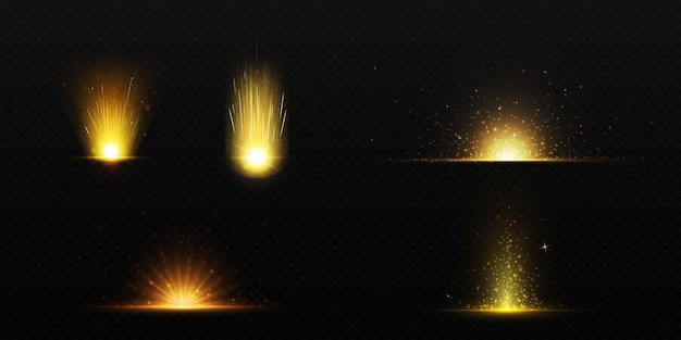 Free vector golden explode glow effect shine light rays with burst and sparkles sun or star flash with beam and glitter realistic vector illustration set of gold bright energy glare on transparent background