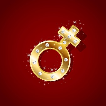 Golden female gender symbol with diamonds on red background, illustration.