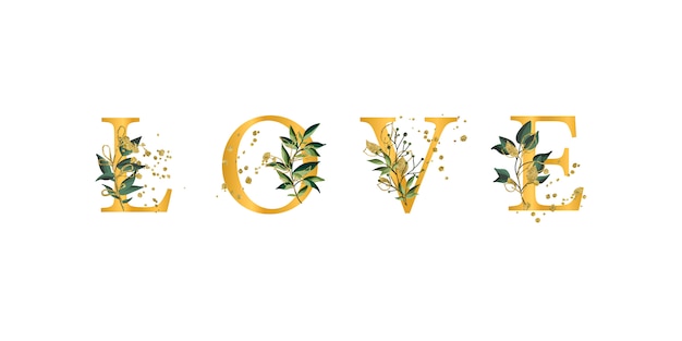 Free vector golden floral phrase quote love font uppercase letters with flowers leaves and gold splatters isolated