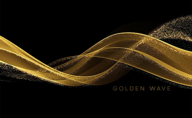 Free vector golden flowing wave with sequins glitter dust on black.