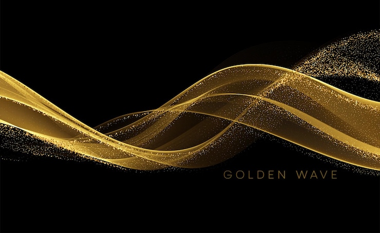 Free Vector golden flowing wave with sequins glitter dust on black.