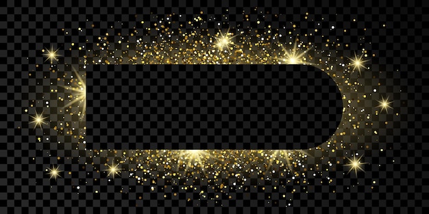 Золотая рамка с блеском, блестками и бликами на темном прозрачном фоне. пустой роскошный фон. векторная иллюстрация.
