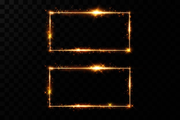 Golden frame with lights effects shining rectangle banner isolated on black transparent backgroun