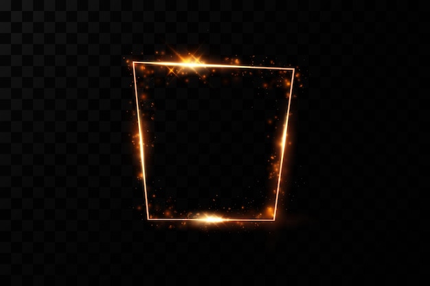 Golden frame with lights effects shining rectangle banner isolated on black transparent backgroun