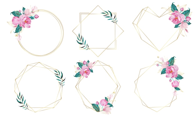 Golden geometric frame decorated with floral in watercolor style
