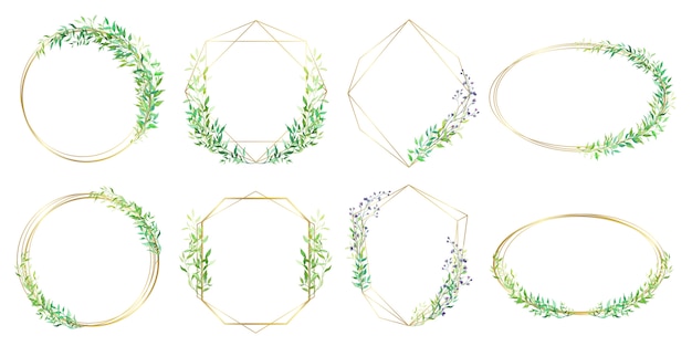 Golden geometric frame decorated with floral in watercolor style