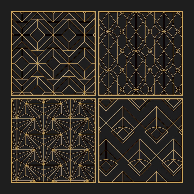 Free vector golden geometric seamless patterns set on black background