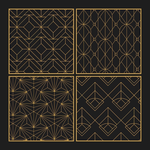 Free vector golden geometric seamless patterns set on black background