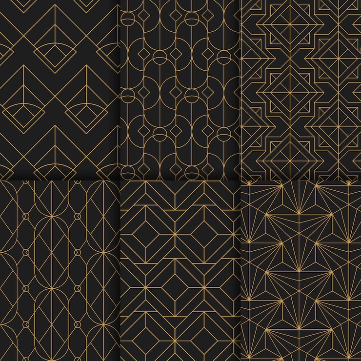 Free Vector golden geometric seamless patterns set on black background