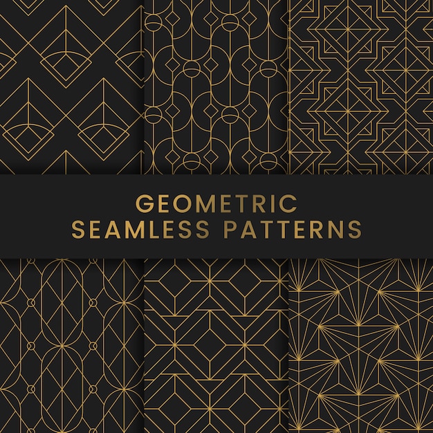 Golden geometric seamless patterns set on black background