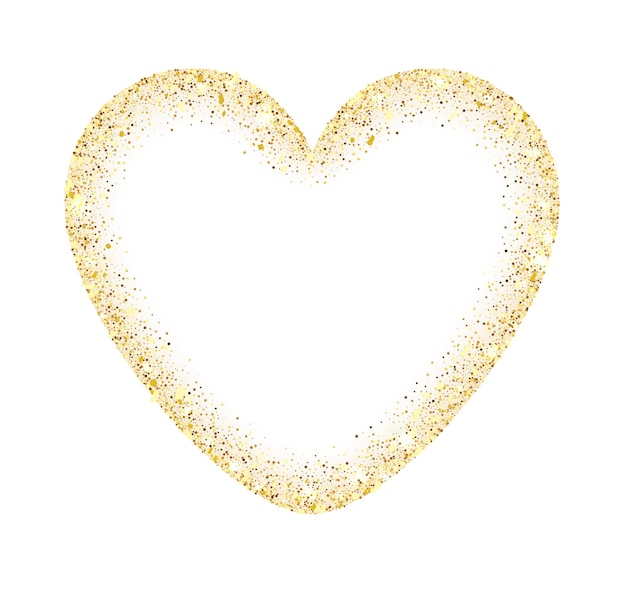 Golden glitter heart frame with space for text. Abstract luxury glow golden vector heart. Vector golden dust isolated on white.