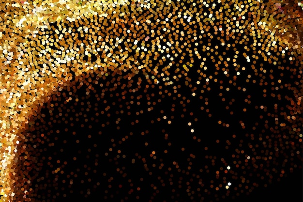 Golden glitter texture on black background. Round shimmer glowing particles. Golden glitter explosion effect. Shiny sparkles confetti. Banner, poster, greeting card design shining vector backdrop