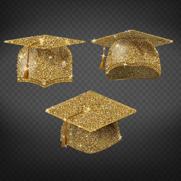 Golden graduation cap, shining symbol of education in university or college.