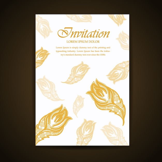 Golden hand drawn floral and leaves invitation card