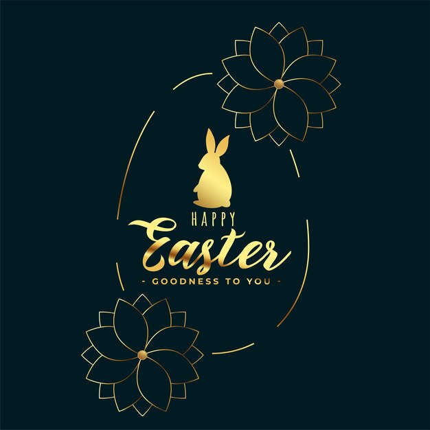 Golden happy easter greeting with flower and rabbit