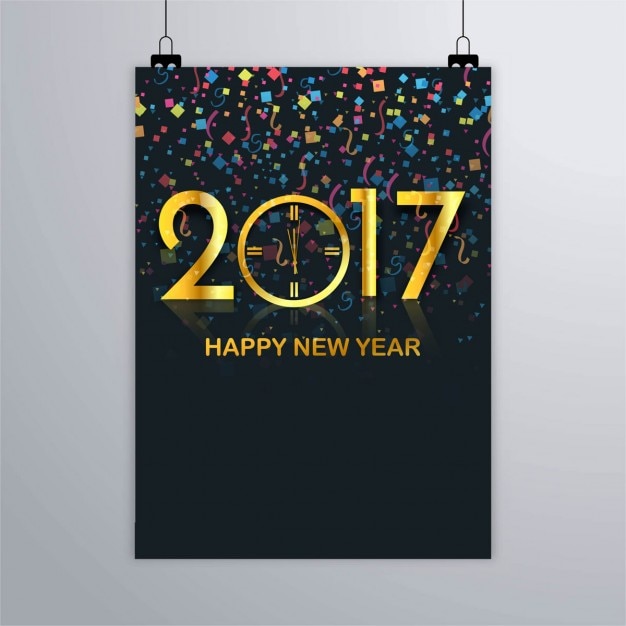 Golden happy new year 2017 poster with confetti