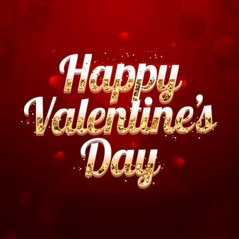 Золотой счастливый день святого валентина шрифт с эффектом блеска на фоне красных сердец.