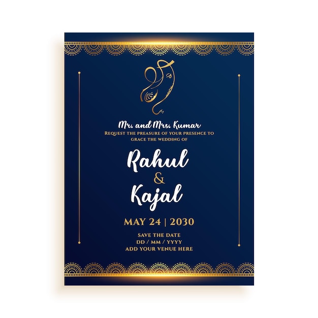 Free vector golden indian wedding card design with event details space