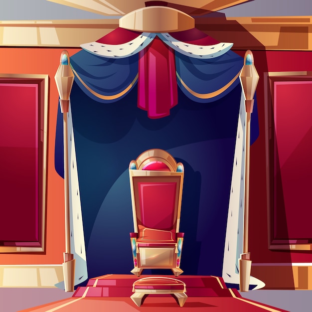 Free vector golden kings throne inlaid with gems, ottoman and pillow on seat