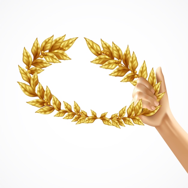 Golden laurel wreath in human hand realistic design concept isolated