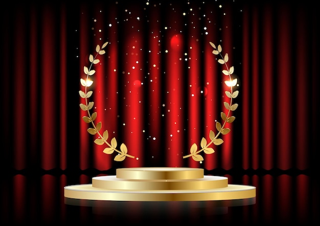 Golden laurel wreath over red round podium with steps in front of the curtains