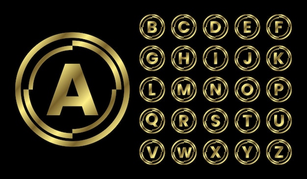 Golden letters a to z with golden circle frames english alphabet vector illustration