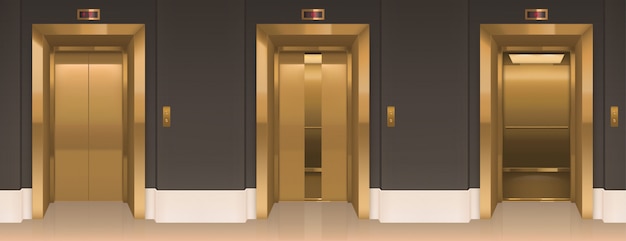 Free vector golden lift doors. office hallway with lift cabins