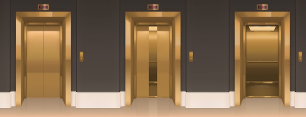 Золотые лифтовые двери. Офисная прихожая с лифтовыми кабинами